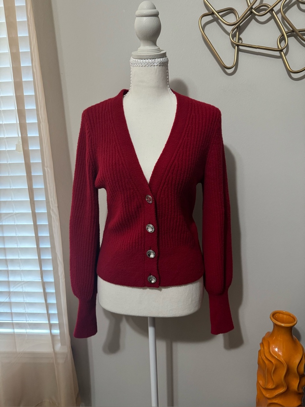 Tahari Deep Red V-Neck Button Cardigan